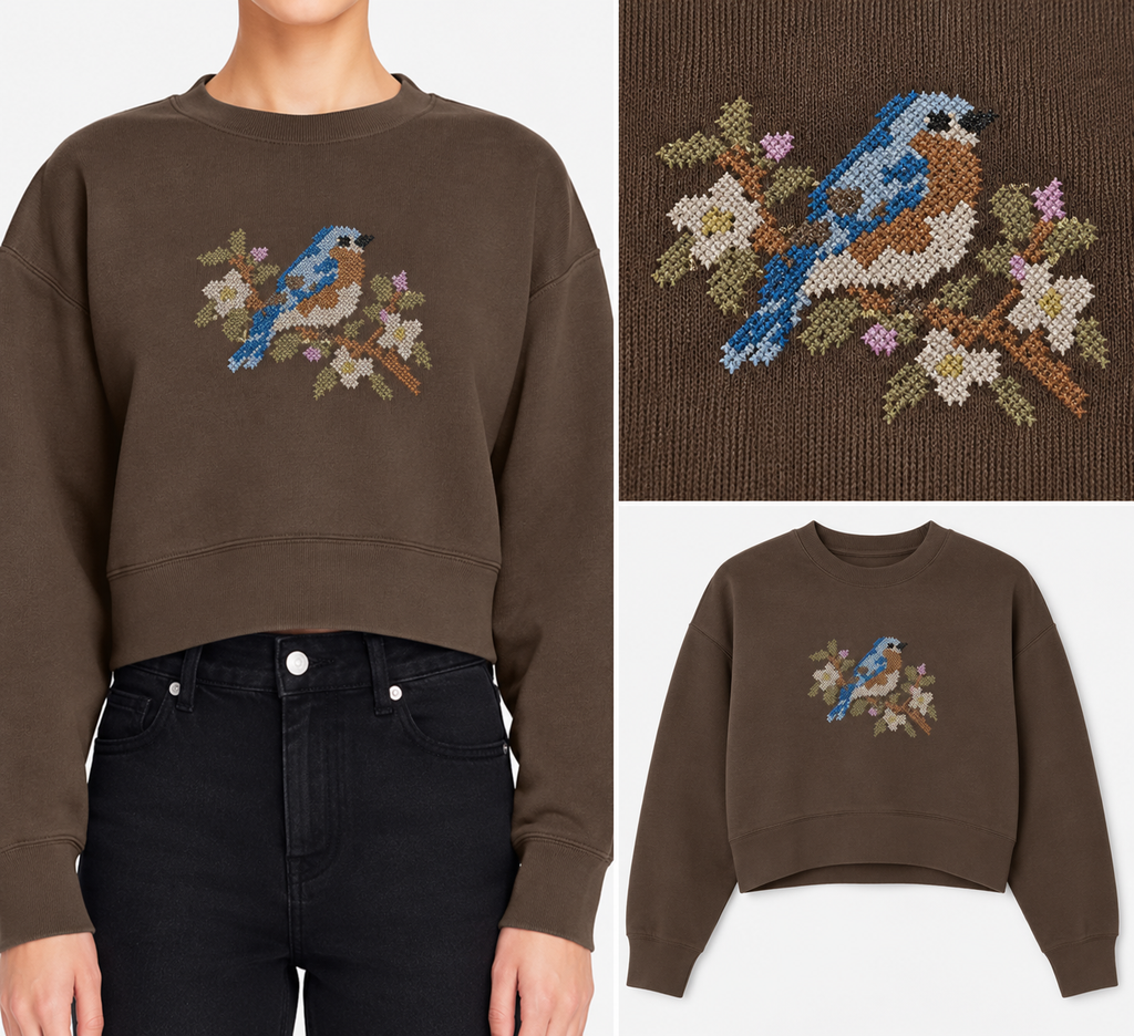 Cross-Stitch Bluebird Embroidered Crewneck Sweatshirt | Devony